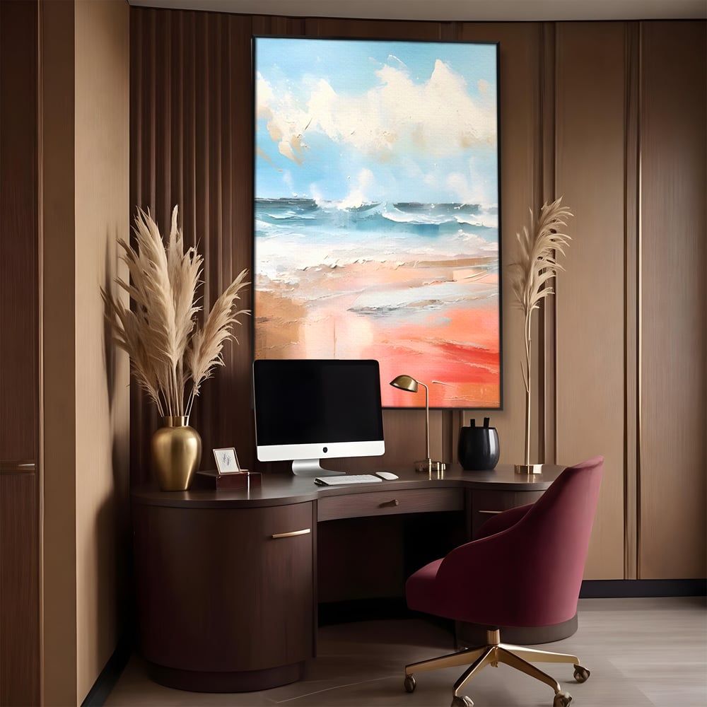 Tablou canvas cu tablou pictat cu peisaj marin abstract, in rama de aluminiu negru, pe perete intr-un birou